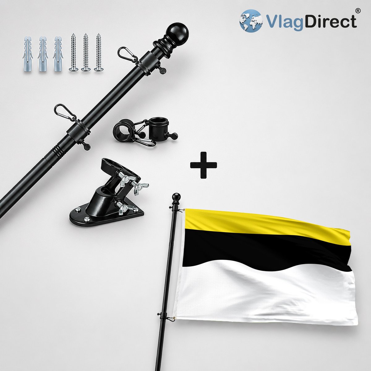 VlagDirect - Compleet vlaggenpakket - Zwarte vlaggenstok inclusief vlaggenstokhouder + Gemeente Ramillies vlag - 90 x 150 cm.