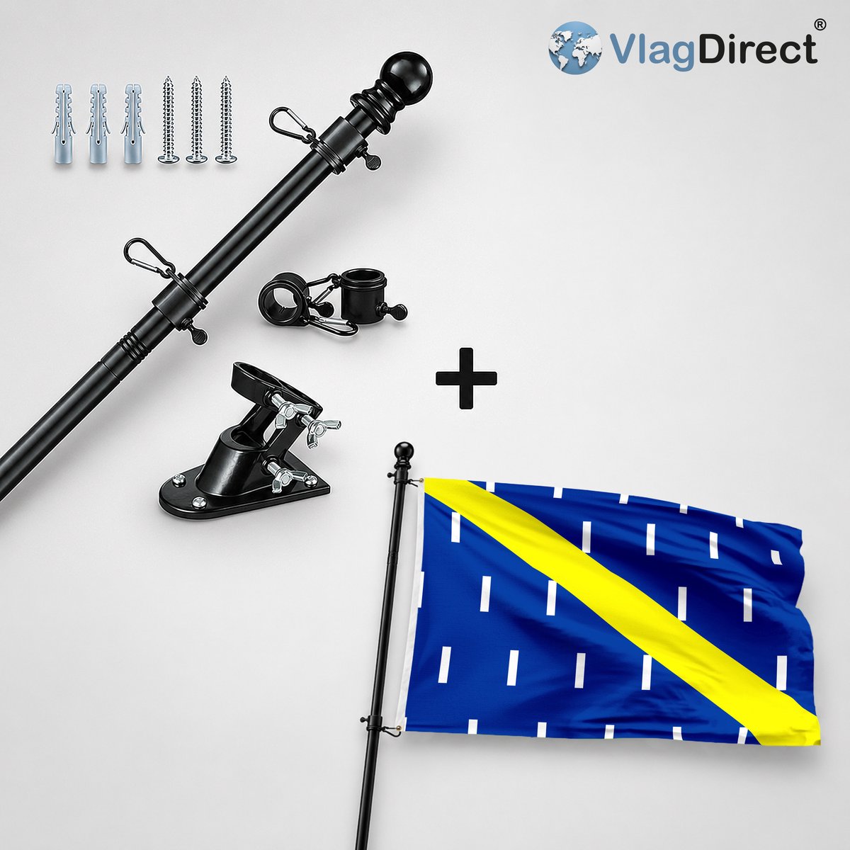 VlagDirect - Compleet vlaggenpakket - Zwarte vlaggenstok inclusief vlaggenstokhouder + Gemeente Chastre vlag - 90 x 150 cm.