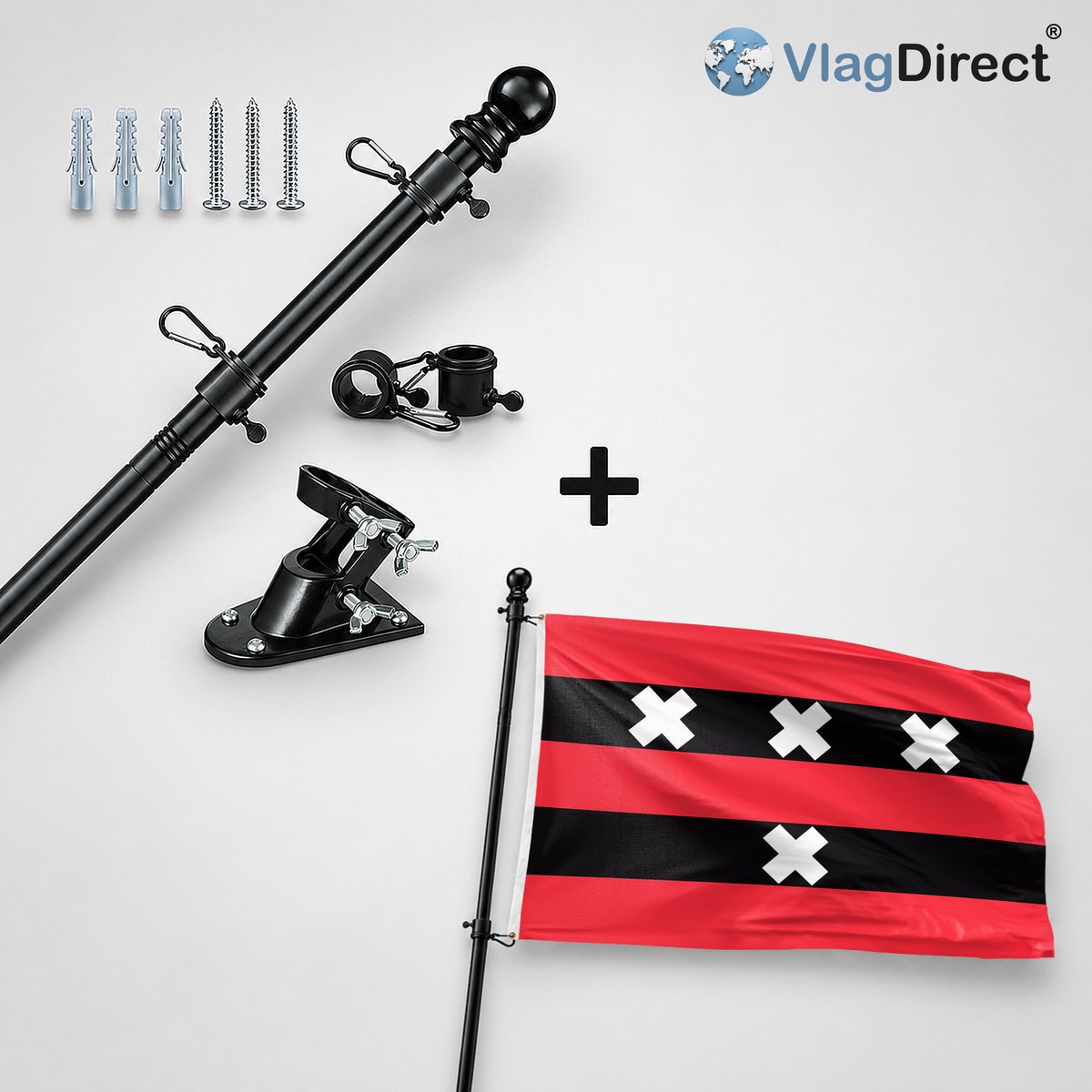 VlagDirect - Compleet vlaggenpakket - Zwarte vlaggenstok inclusief vlaggenstokhouder + Amstelveen vlag - Gemeente Amstelveen vlag - 90 x 150 cm.