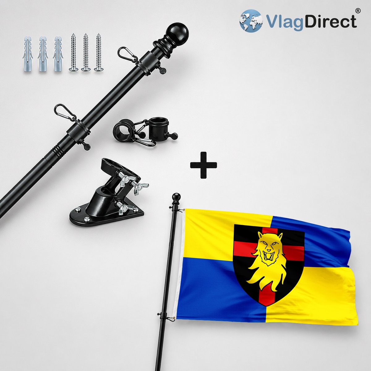 VlagDirect - Compleet vlaggenpakket - Zwarte vlaggenstok inclusief vlaggenstokhouder + Gemeente Couvin vlag - 90 x 150 cm.