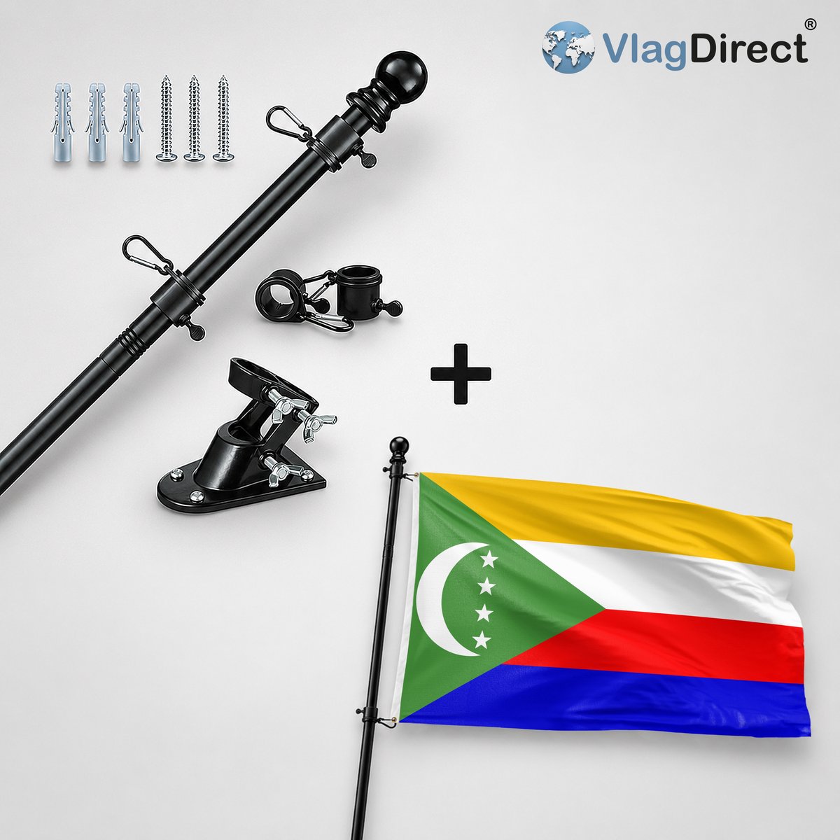 VlagDirect - Compleet vlaggenpakket - Zwarte vlaggenstok inclusief vlaggenstokhouder + Comorese vlag - De Comoren vlag - 90 x 150cm.