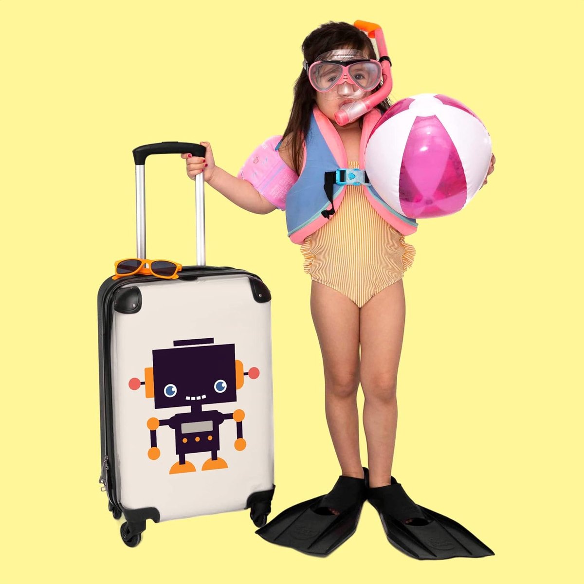 NoBoringSuitcases.com® Suitcase - Flamingo - Roller skates - Blue - Pink - Fits within 55x40x20cm and 55x35x25cm - ShopVlot