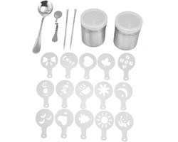 Koffie Decoratie Set - Latte Art Tools - Desserts Versieren - Compleet Met Stencils - 15 Stuks - Zilver