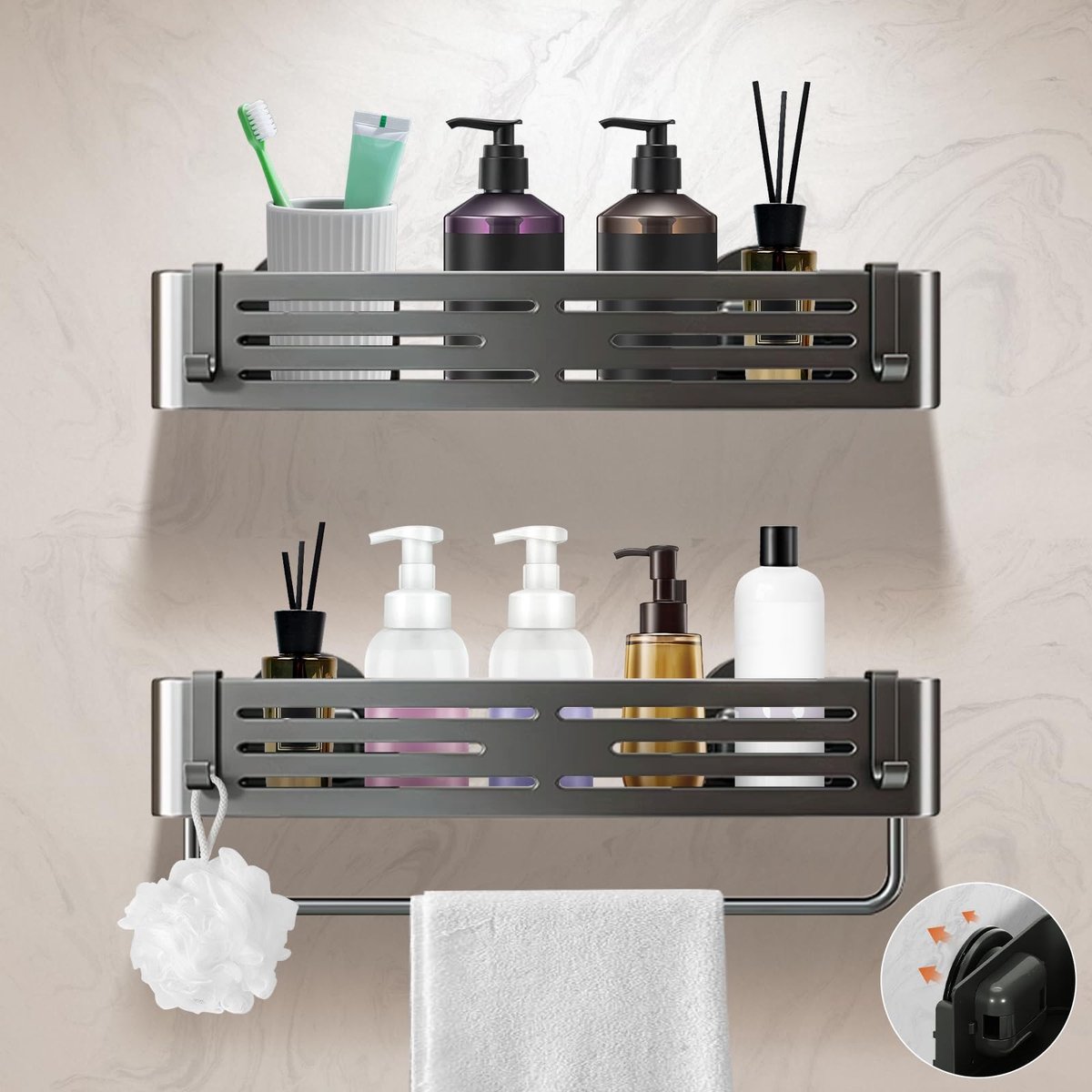 Dailygoods- Doucheplank zonder boren - Roestvrij aluminium - Badrekje voor badkamer - Organizer met handdoekhouder - Antislip rand - Belastbaar tot 10 kg - Badrek