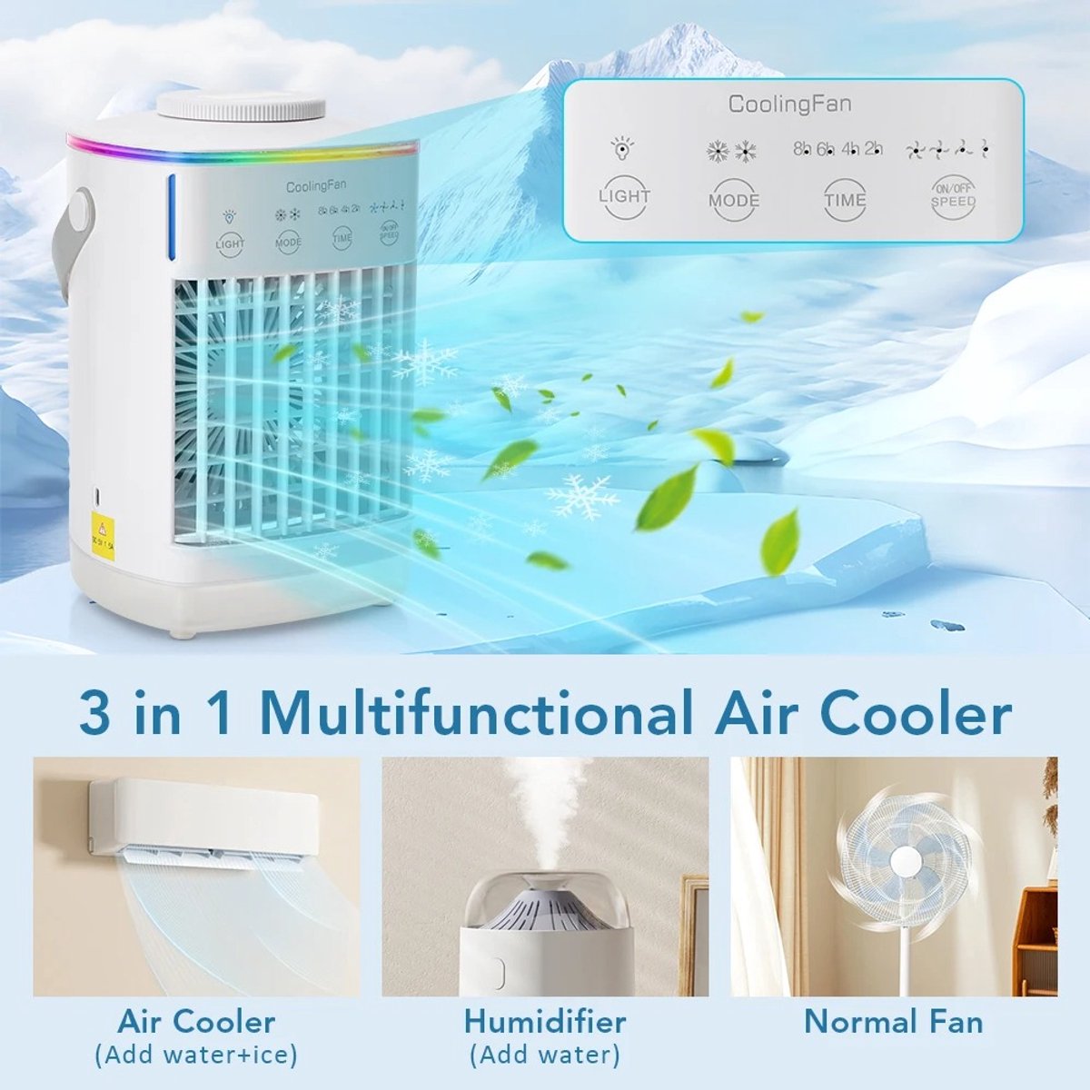 Velmio 4-in-1 Mobiele Airco Zonder Afvoerslang – Met Afstandsbediening – Mini Airco - Ventilator - Airconditioning – 700 ml Watertank - Aircooler Met 3 Standen - Sfeerlicht – foto 5