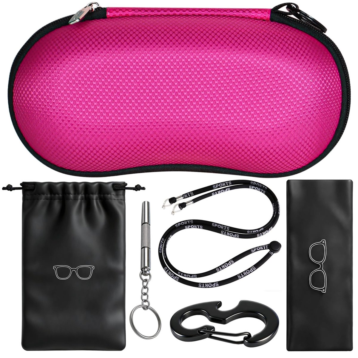 Dailygoods- Brillenkoker Hard EVA - Krasbestendig - Geschikt voor Grote Brillen - Met Karabijnhaak - Zachte Microvezel Binnenkant - Inclusief Reinigingsdoek - Brillenetui