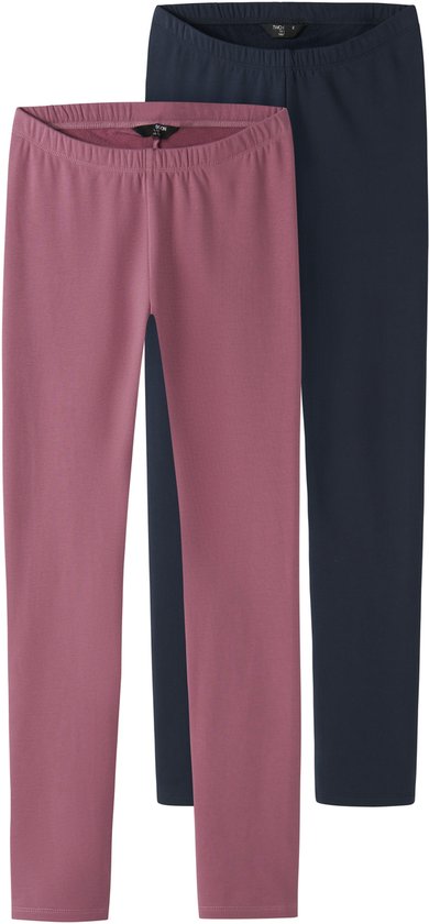 Een roze en een donkerblauwe legging naast elkaar, met elastische taillebanden.