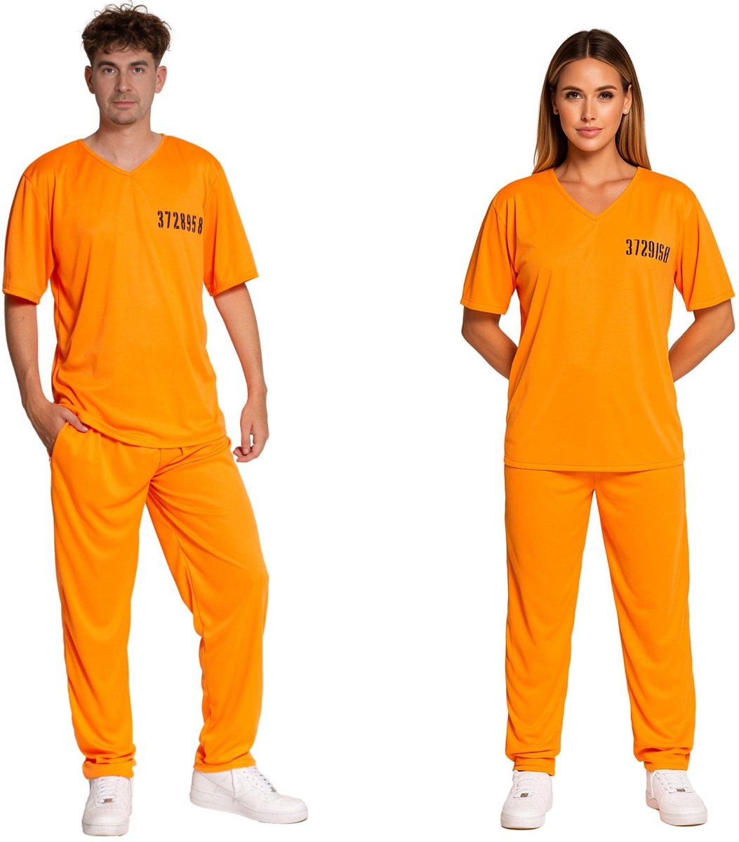 Dailygoods- Gevangeniskostuum Unisex - Oranje Shirt/Broek - 2-Delig - Praktische Zak - Lichtgewicht Materiaal - Ideaal voor Halloween/Carnaval - Prisoner Outfit