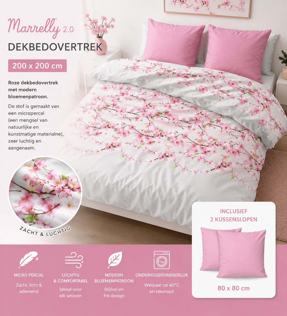 Marrelly 2.0 roze dekbedovertrek (200 x 200 cm)