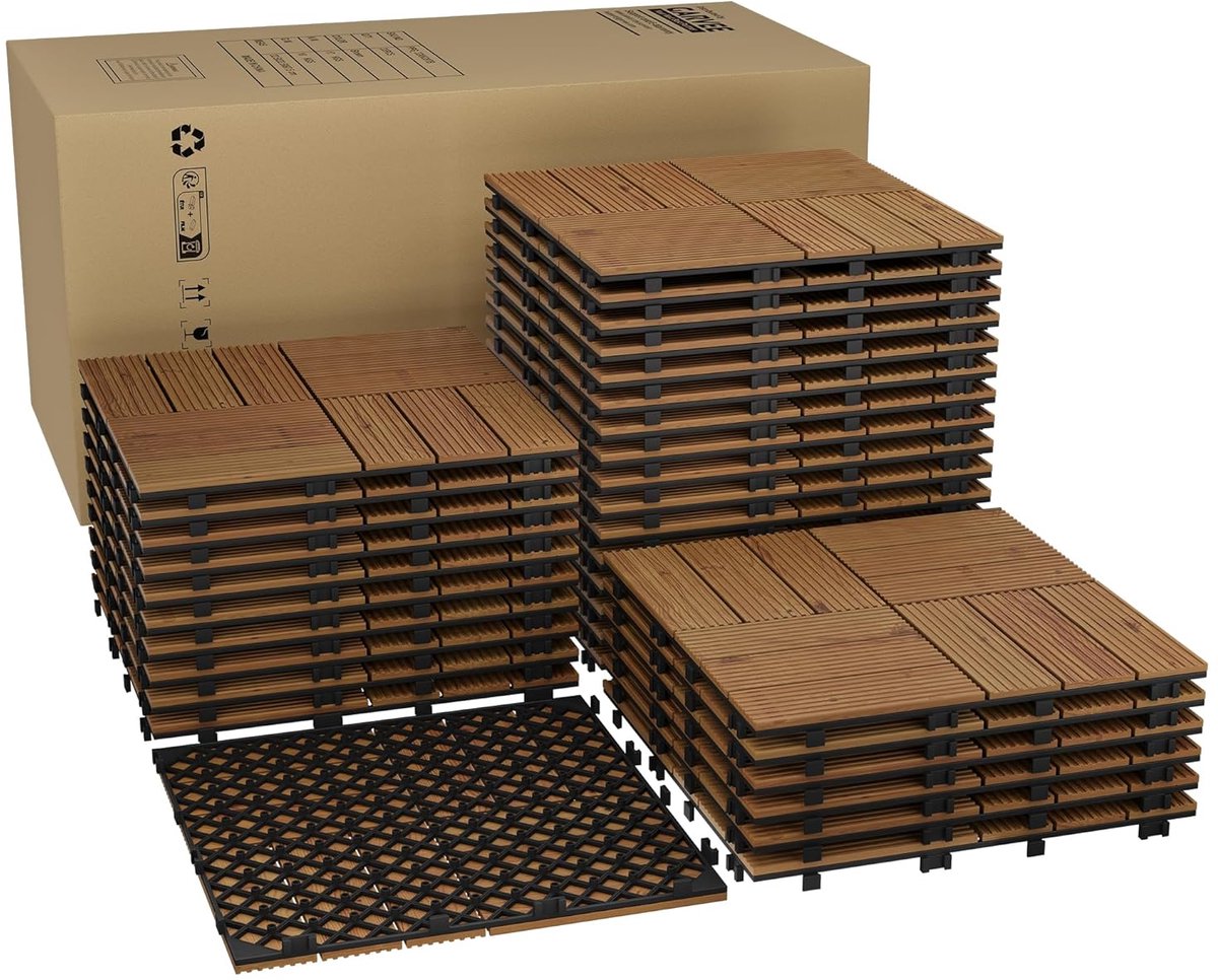 Hardhouten Vlondertegels Kliktegels - 100% Natuurlijk Acaciahout - Set van 22 Stuks (1.98 m²) - 30x30 cm - Met Kliksysteem & Drainage - Balkontegels & Terrastegels voor Buiten en Binnen