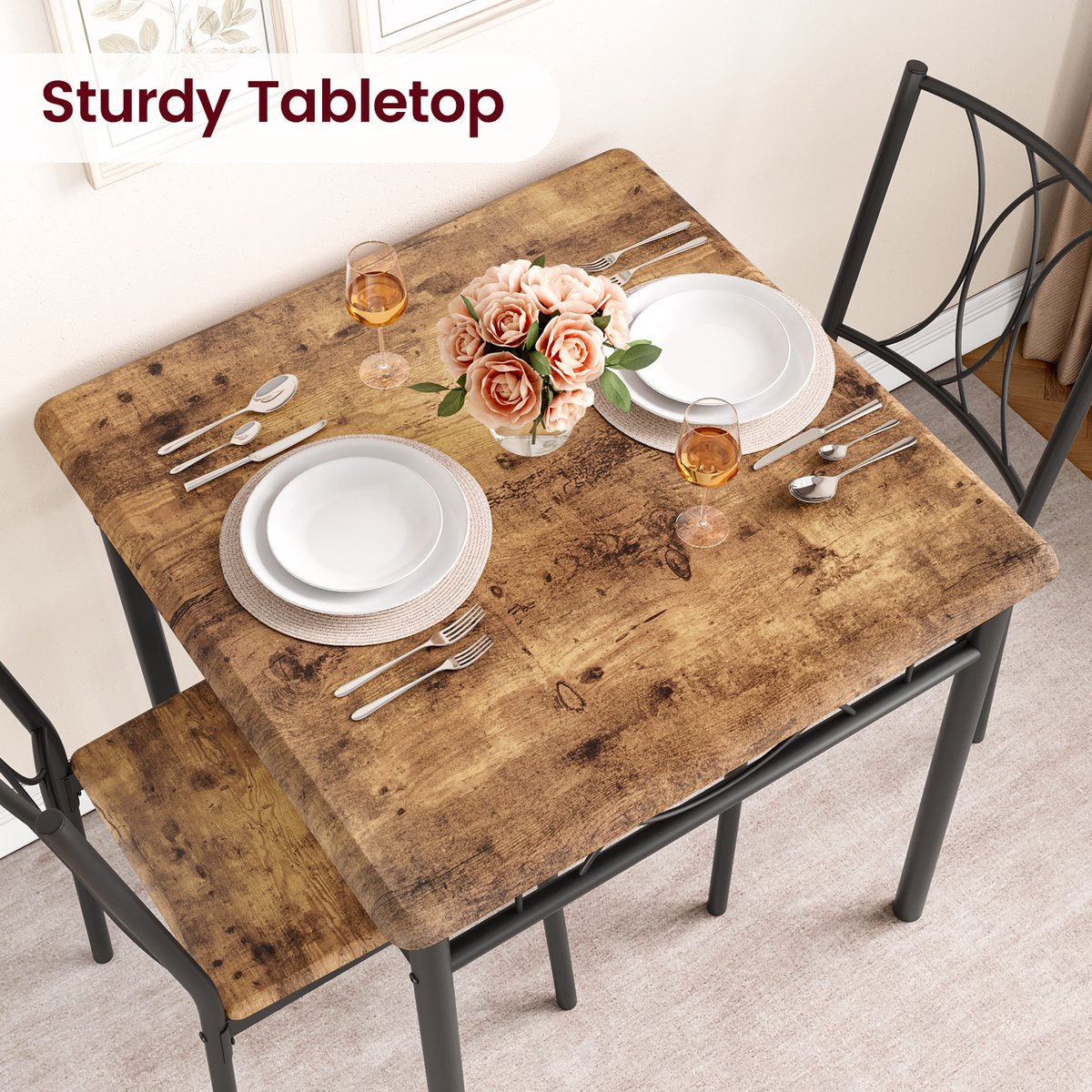 Eettafel Set - 74x74x76cm - Vierkante Tafel met 2 MDF-Stoelen - Voor 2 Personen - Geschikt voor Woonkamer Eetkamer of Appartement - Bruin – foto 7