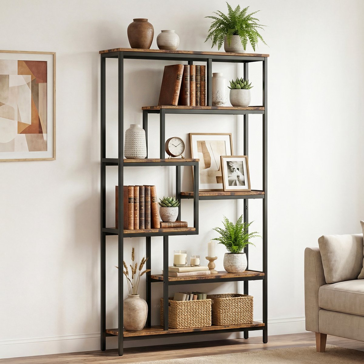 HOKEEPER Boekenkast met 7 Planken - Open Boekenkast - Industrieel Staand Rek - Open Opbergrek - Vakkenkast voor Woonkamer - Slaapkamer - Kantoor - Werkkamer - 98 x 30 x 180 cm - Zwart
