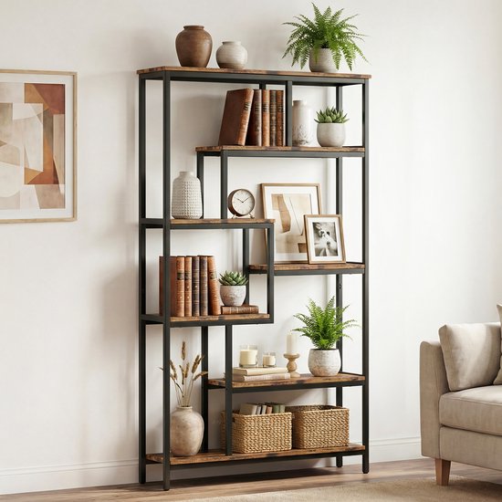 Industriële boekenkast met 7 niveaus, zwart metalen frame en rustieke houten planken, gevuld met boeken en decoratie.