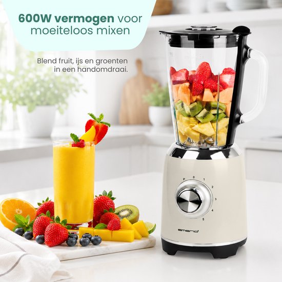 Emerio Retro Blender - 1,75L - Smoothie Maker met Glazen Kan - 5 snelheden - Pulsfunctie - RVS messen - 600W - BL-131620.7 Crème van Emerio — afbeelding 2