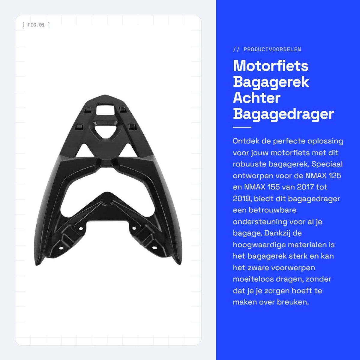 Dailygoods- Bagagedrager Sterk - Beugel - Cargo Plank - Achter - NMAX 125/155 - Legering - 61x39x7 cm - Bagagerek