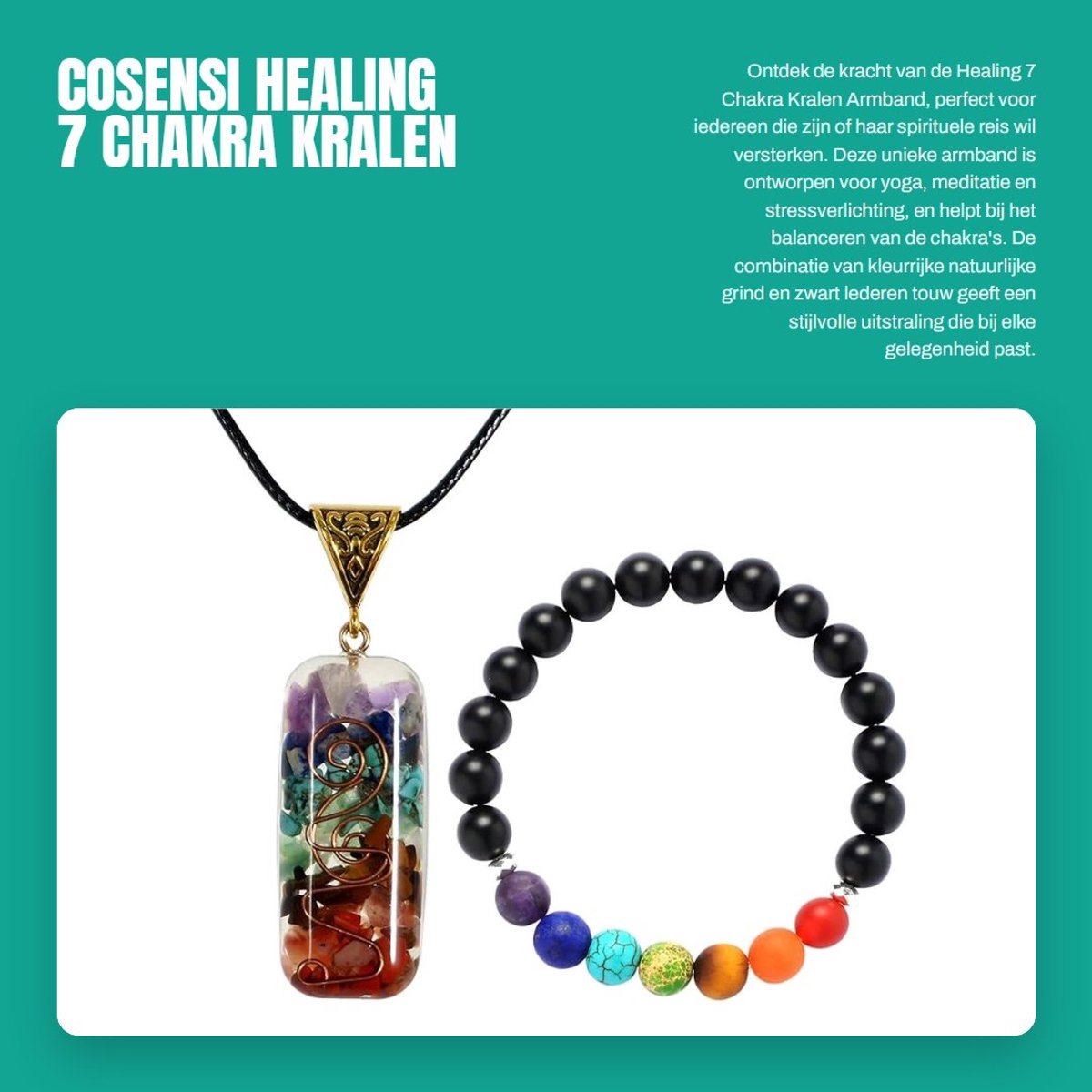 Dailygoods- Chakra Armband - 7 Chakra Kralen - Natuurlijke Grind - Zwart Lederen Touw - Spirituele Reiniging - Stressverlichting - Reiki Yoga Meditatie - Kralenarmband