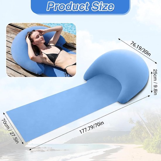Strandmat met steun - Opblaasbaar picknickkleed - Relaxen in de zon - Zacht flockmateriaal - 178 x 76 cm - Lichtblauw — afbeelding 5
