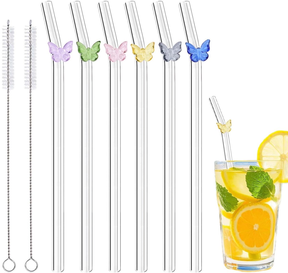 Dailygoods- Glazen Rietjes - 6 Stuks - Breukbestendig - Herbruikbaar - Vaatwasmachinebestendig - Met Reinigingsborstels - Borosilicaatglas