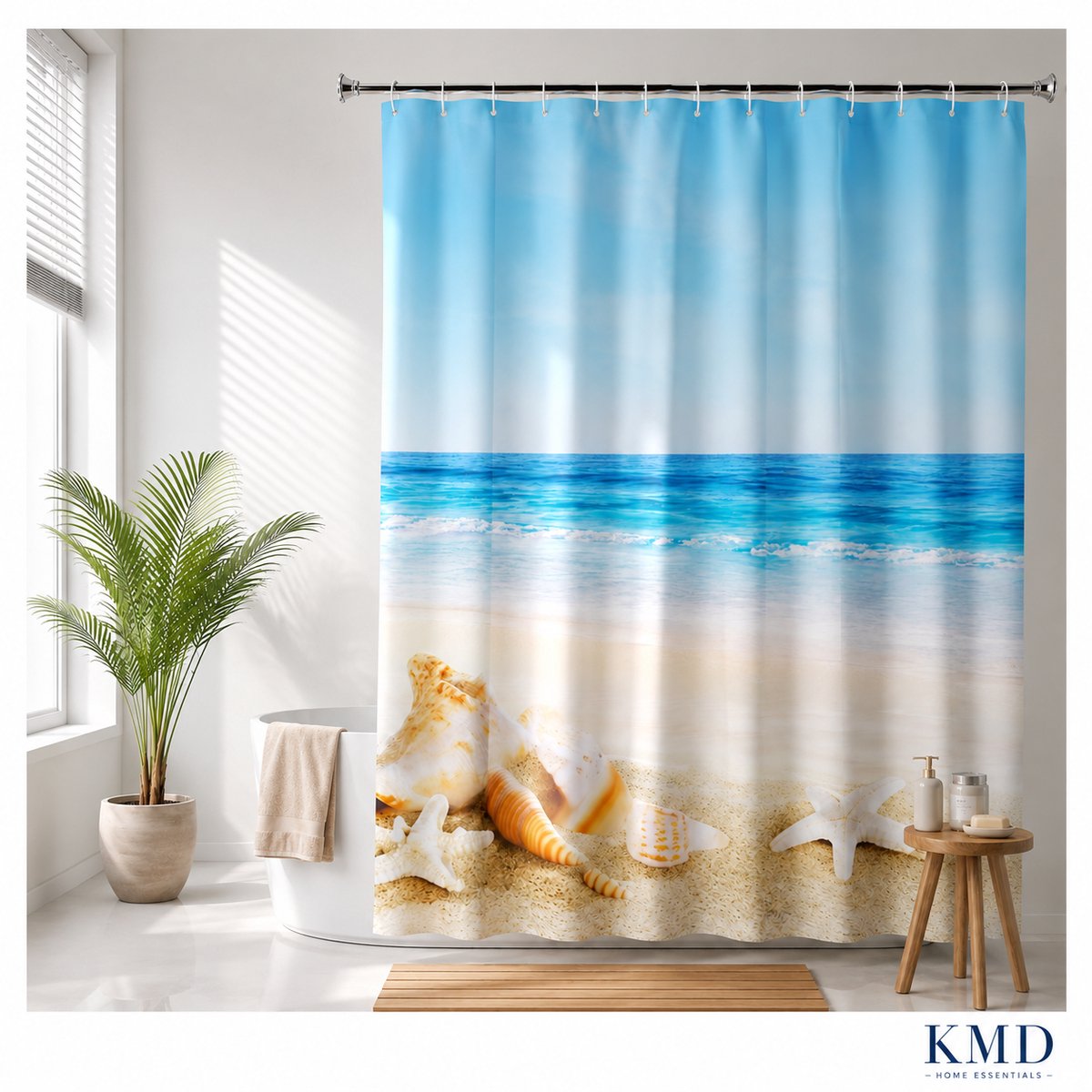 KMD Douchegordijn Schimmelbestendig Textiel 200x220 cm - Strandmotief Zee Golven Zeesterren Schelpen - Machinewasbaar