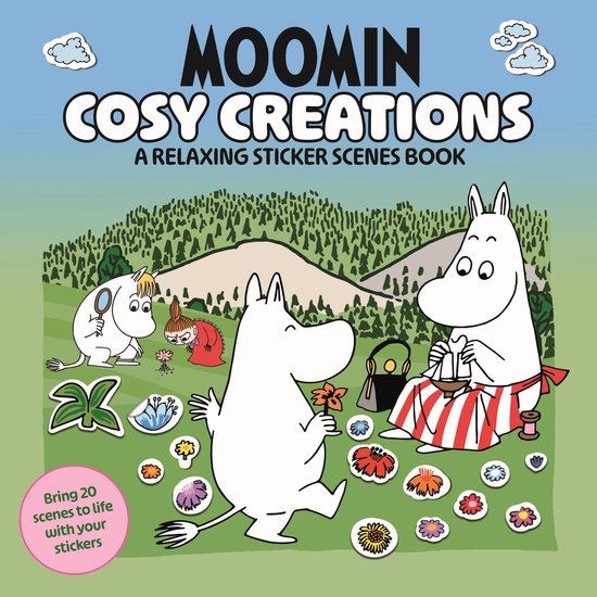Livre intitulé Moomin Cosy Creations, avec Moomin et ses amis sur fond vert avec des fleurs.