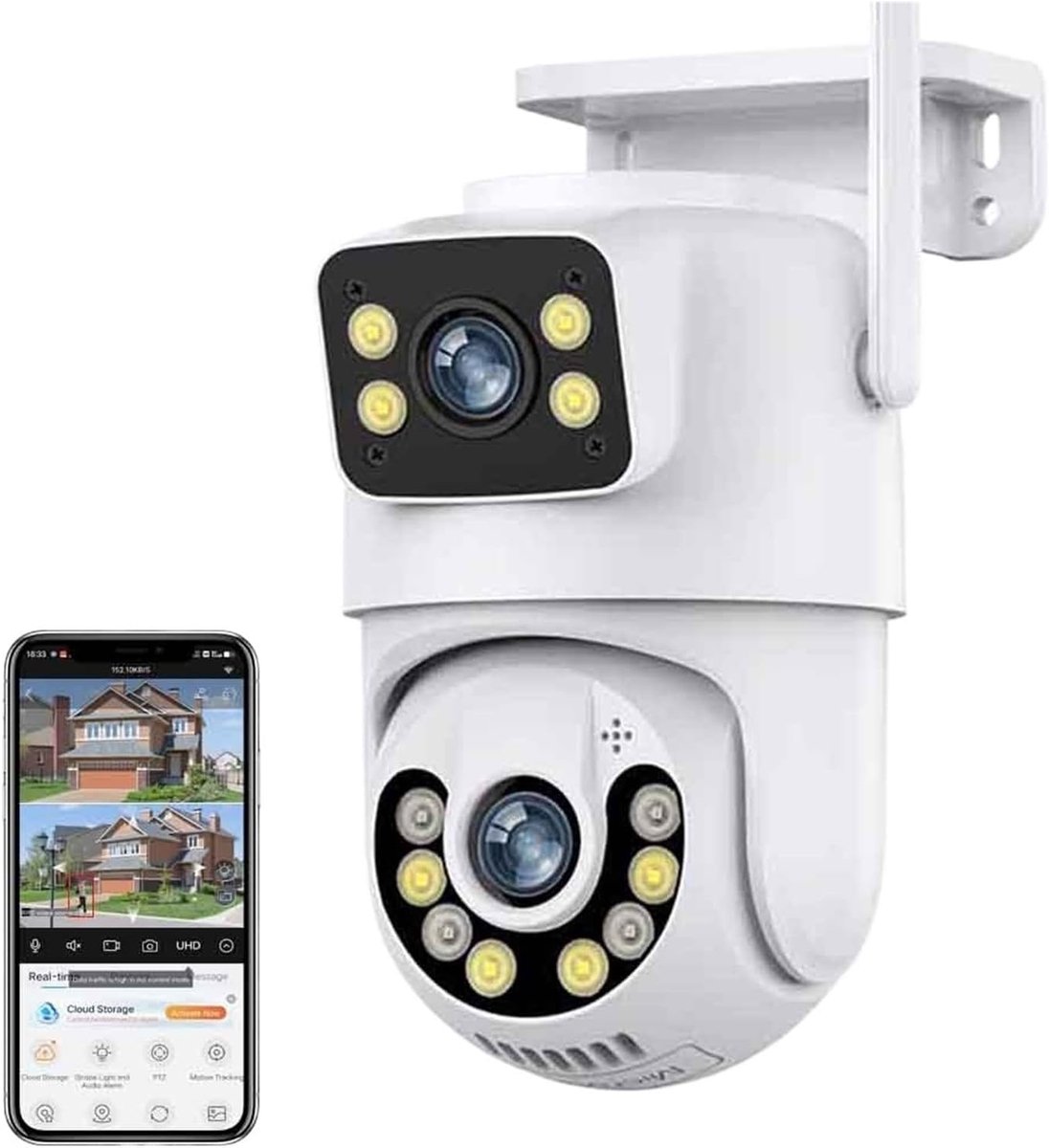 Beveiligingscamera Buiten - PTZ Camera - Huis Bewaken - Dubbele Lens - 8MP - Wit