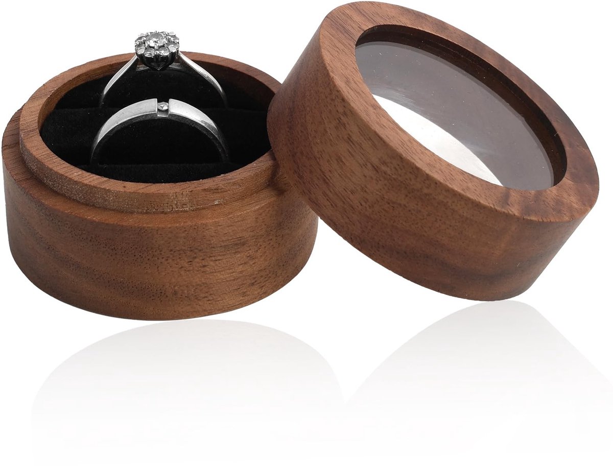 Dailygoods - Massief walnoot ringendoosje (koffie, 5 x 3,5 cm) – ronde fluwelen ringendoos met helder venster, trouwringbox voor verloving, huwelijksaanzoek en bruiloft, sieradenkistje van hout, 2 sleuven