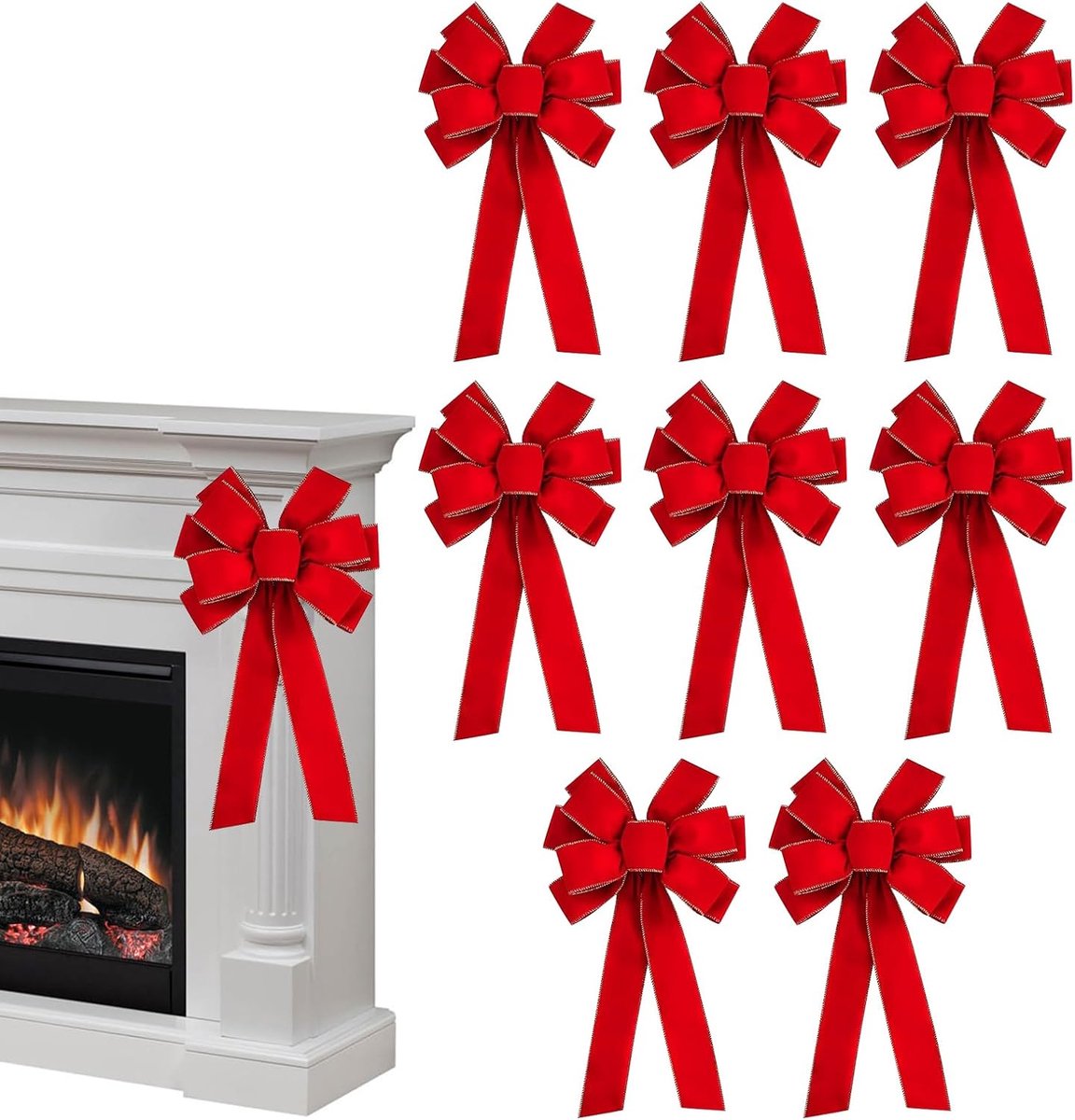 Kerstdecoratie strikken - Feestelijke bogen - Huis versieren - Goudrand fluweel - 8 stuks - Rood