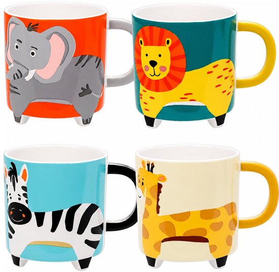 Set van 4 mokken met dierenprints: olifant, leeuw, zebra en giraf.