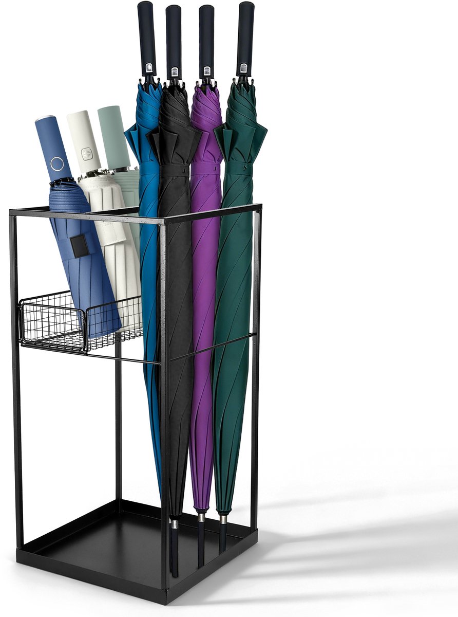 Lemlit Paraplubak Metaal - 25 x 25 x 50 cm - Paraplustandaard met Opvangbak en Mand voor Lange en Opvouwbare Paraplu's - Zwart