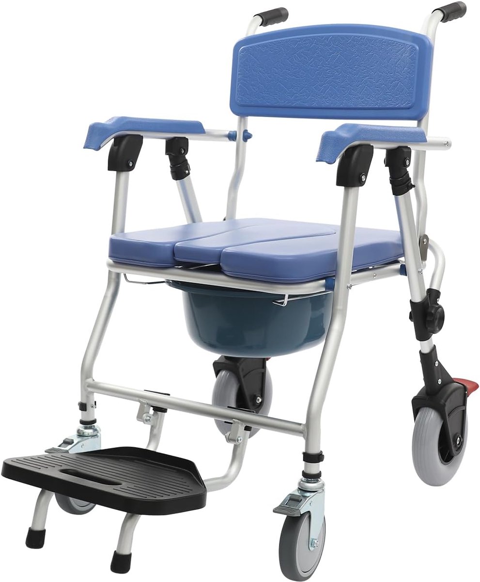 Douchestoel - Toiletstoel - Ondersteuning bij verzorging - Verrijdbaar en inklapbaar - 55 x 63 x 90 cm - Zilverblauw
