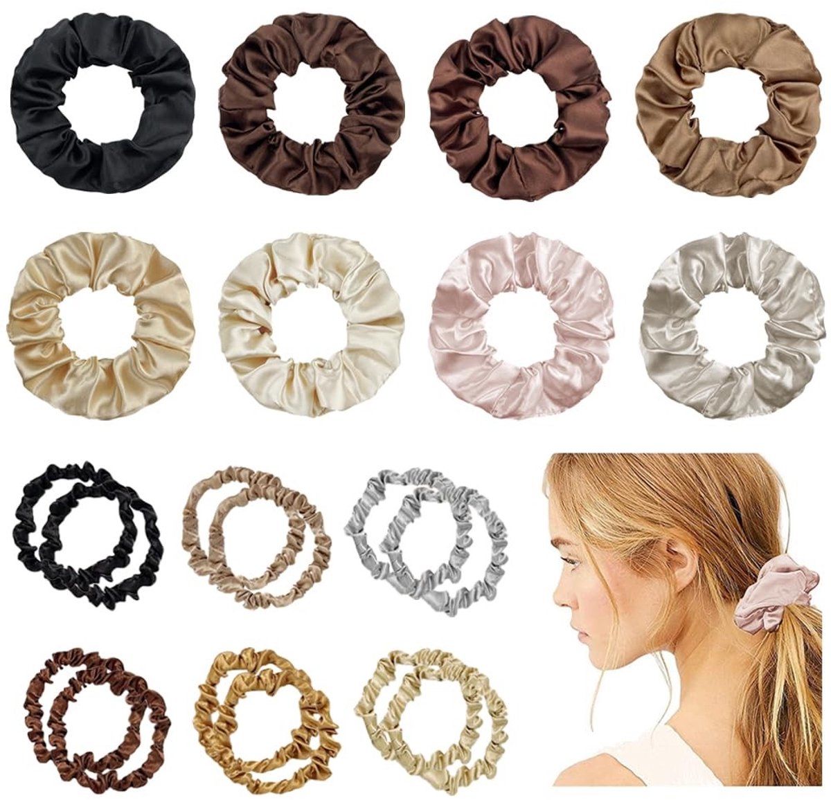 Dailygoods- Haarscrunchies Set van 20 - Satijnen Elastische Haarbanden - 12 Kleine/8 Grote Scrunchies - Diverse Kleuren - Zacht en Comfortabel - Haarband