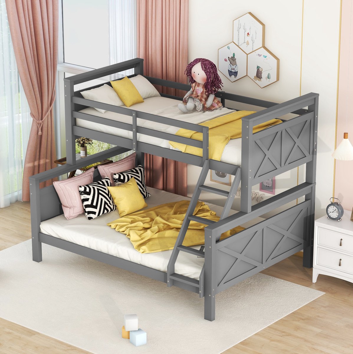 MEUNIQ stapelbed 90x200 en 140x200 cm omvormbaar tot 2 aparte bedden met schuine ladder en veiligheidshek voor kinderkamer en logeerkamer grijs