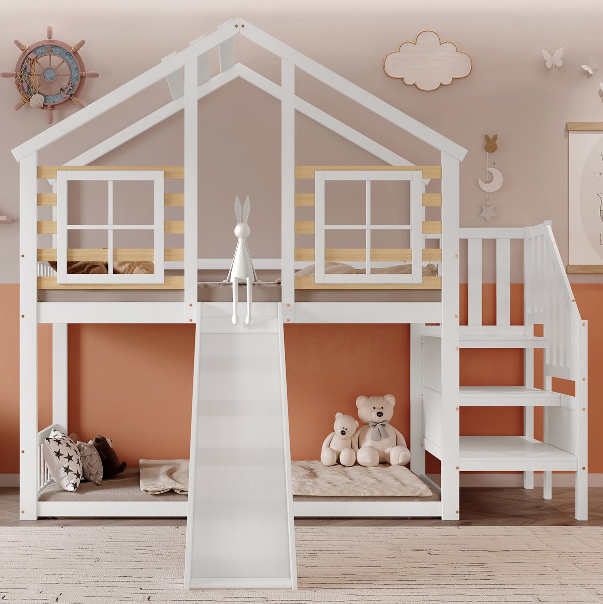 MEUNIQ Stapelbed 90x200 cm met glijbaan, trap, uitvalbeveiliging en raamvorm, huisbed voor kinderkamer, open onderruimte, wit en naturel