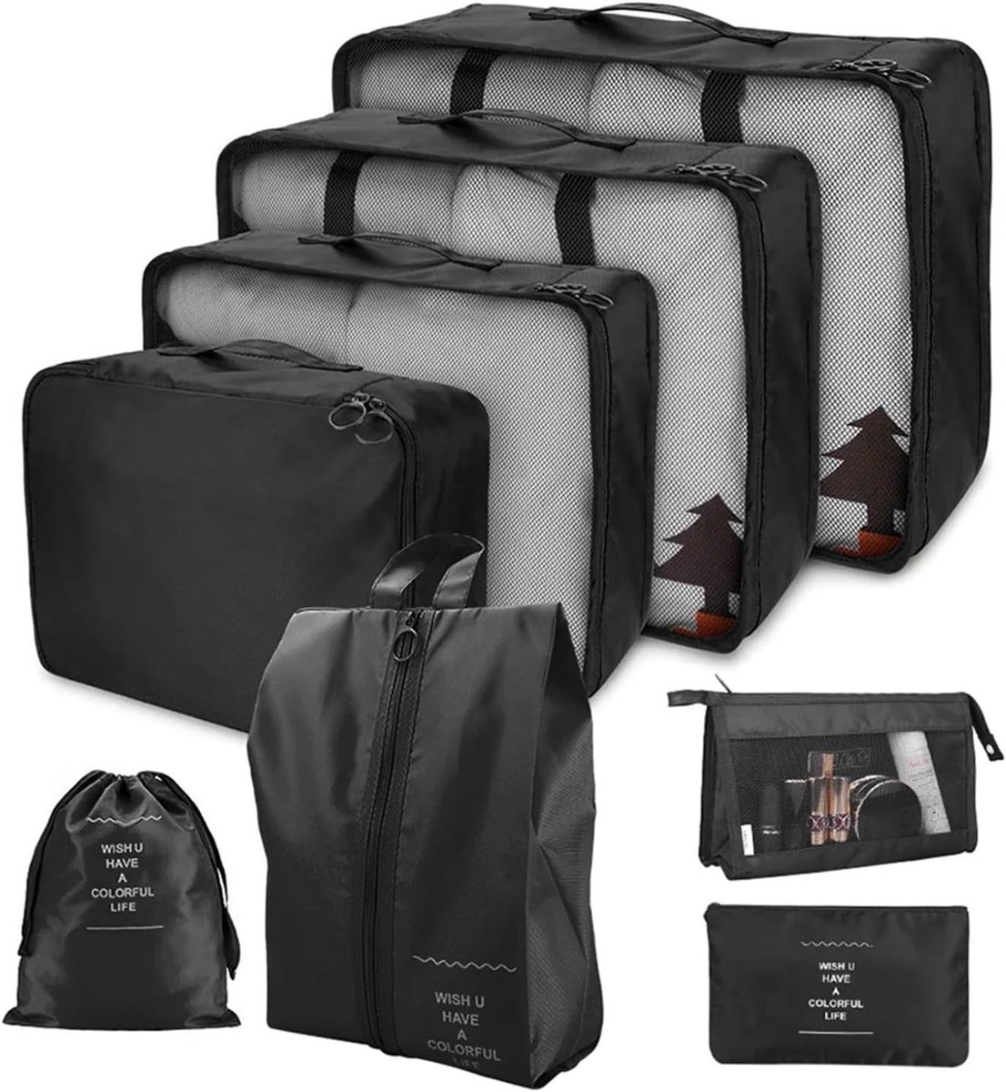 Reis Organizer Set - Bagage Kubussen - Bagage Ordenen - 8 Delige Set - Verschillende Maten - Zwart