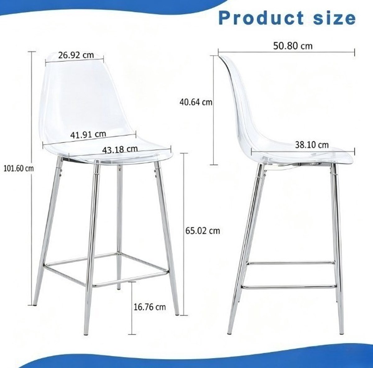 HAUSS SPOLE Barkruk - Transparant Design - Set Van 2 - Met Rugleuning En Voetsteun - Voor Keuken, Bar En Eethoek - Kunststof En Metaal Zilver
