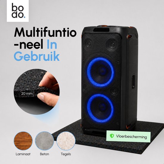 Zwarte anti-trillingsmat 20mm dik onder een zwarte luidspreker met blauwe lichten.