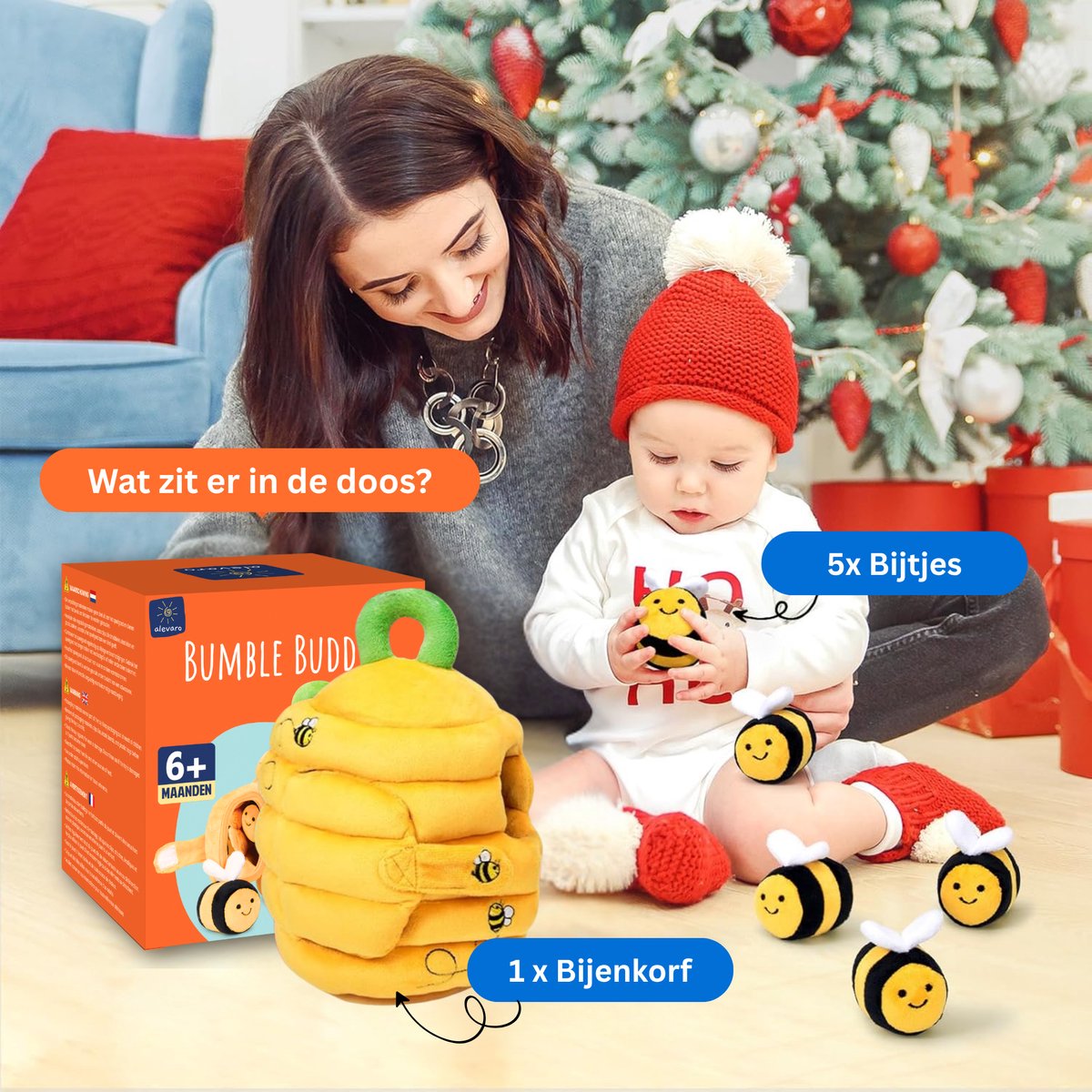Baby Speelgoed 6-12 maanden - Sensorisch Pluche Speelgoed met Bijenkorf en 5 Bijen - Montessori Speelgoed met Dieren - Baby Cadeau met Knuffels - Educatief speelgoed - Knisperboekje Baby - Kinderspeelgoed 1-3 jaar — afbeelding 4