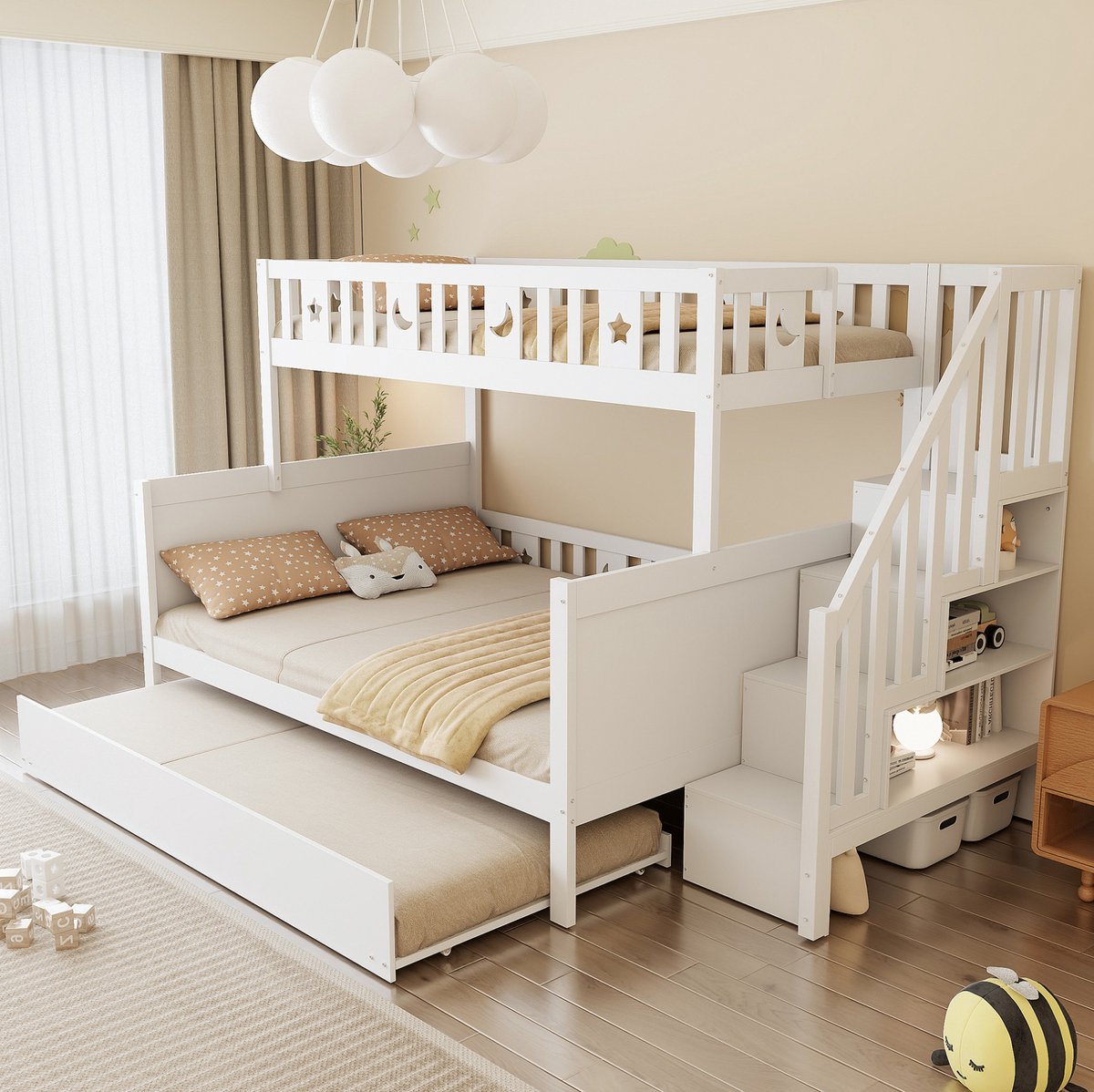 MEUNIQ Stapelbed 90x200/140x200 cm met uitschuifbed, opbergtrap, lattenbodems en veiligheidshekken voor kinderkamer, wit