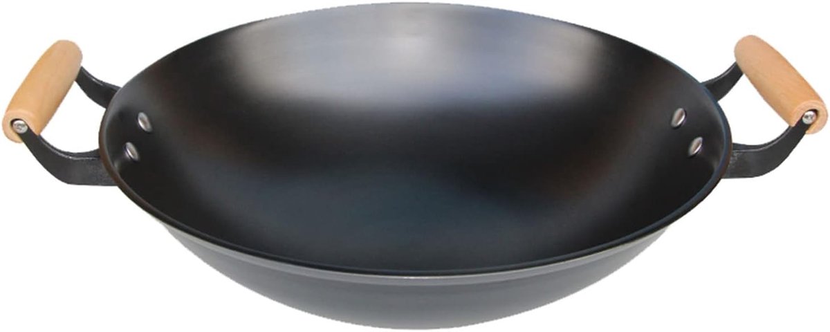 Gietijzeren Wok Grote Ronde Pot Koken en Braden Traditioneel Dubbel Oorhandvat 42cm Diameter Zwart