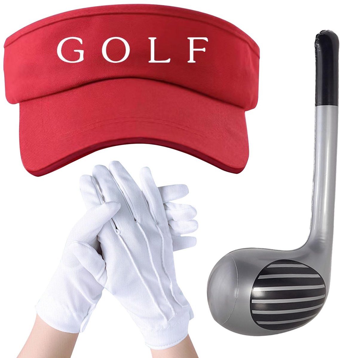 Dailygoods- Golfaccessoires 3 Stuks - Opblaasbare Golfclub 76 cm - Verstelbare Golfhoed - Witte Handschoenen - Feestkleding - Voor Volwassenen/Kinderen - Golfkostuum