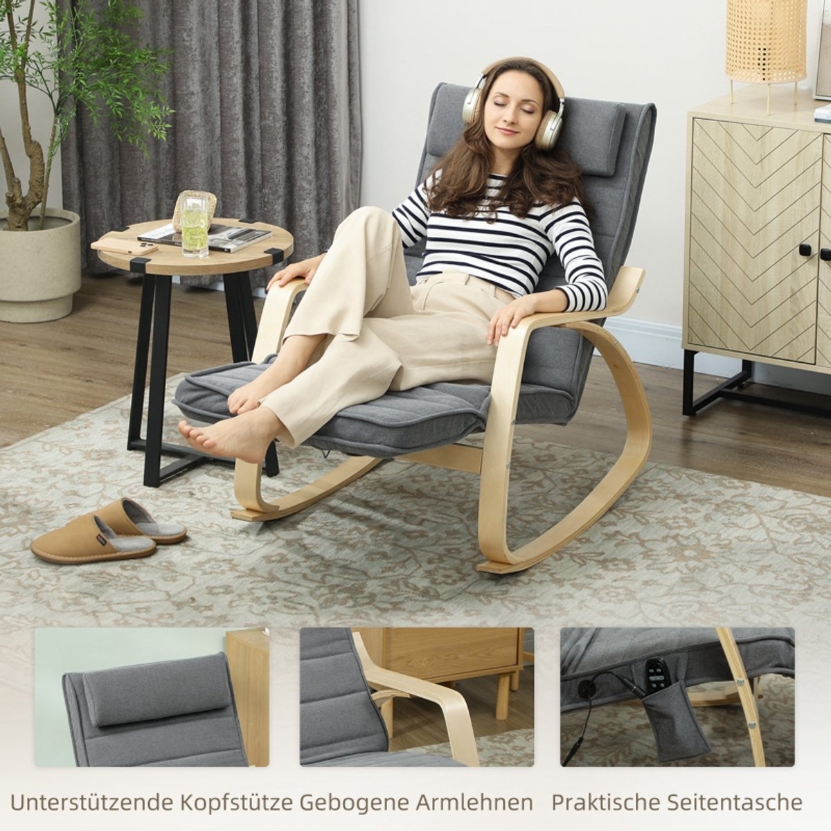 Schommelstoel - Relaxfauteuil Met Massage En Lendenverwarming - Verstelbare Voetensteun - Voor Woonkamer En Leeshoek - Stof Grijs – foto 6