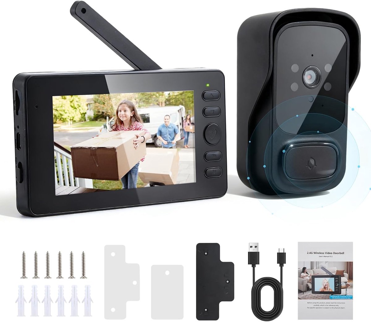 Draadloze Deurbel Camera - Videofoon Buiten - Beveiliging Thuis - 43 Inch HD Scherm - 120 Graden Kijkhoek - Zwart