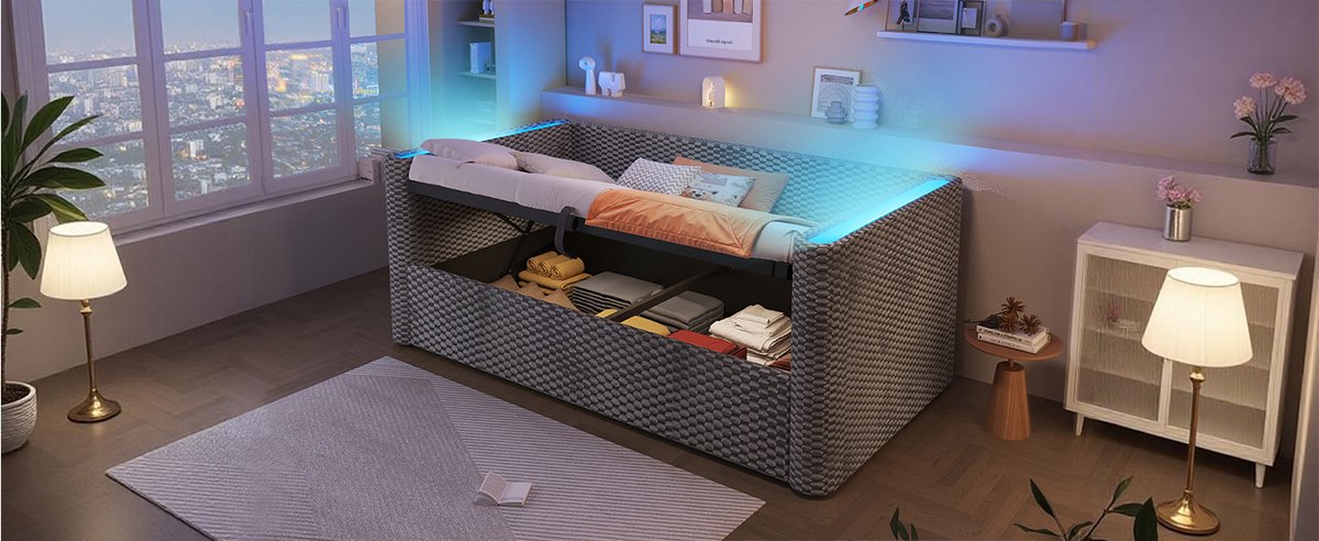 MEUNIQ slaapbank 90 x 200 cm met LED-verlichting, hydraulische opbergruimte en lattenbodem, daybed zonder matras voor slaapkamer of woonkamer, grijs