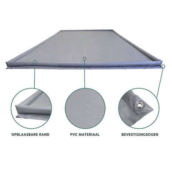 Grijze grondzeil met opblaasbare rand, PVC materiaal, met bevestigingogen.