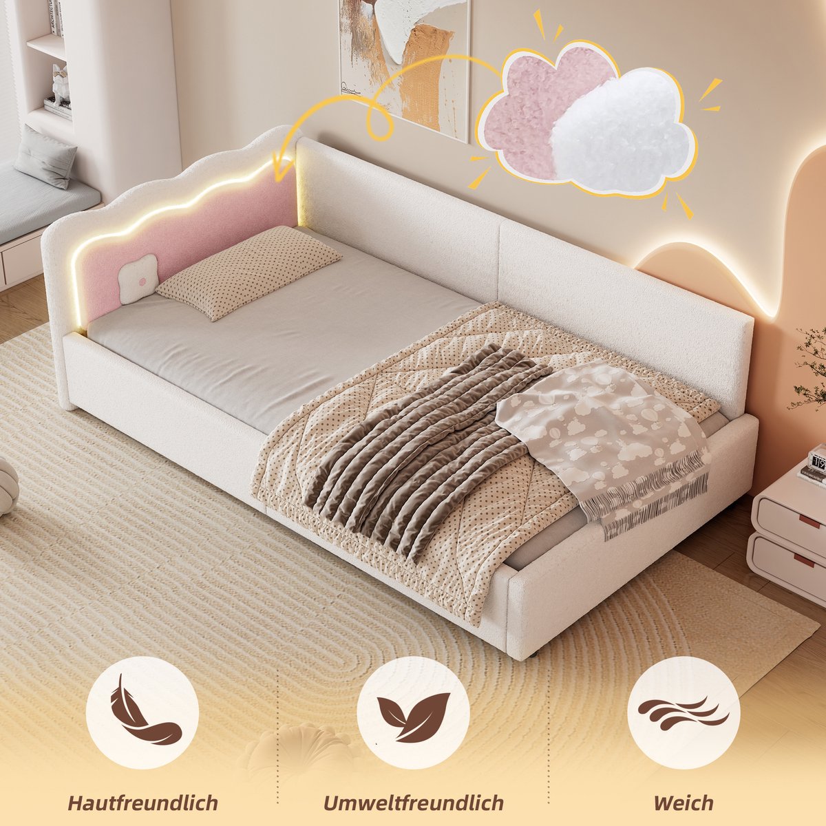 MEUNIQ bedbank 90x200 cm met LED-verlichting, lattenbodem en hoofdbord, eenpersoons daybed zonder matras voor slaapkamer of logeerkamer, wit