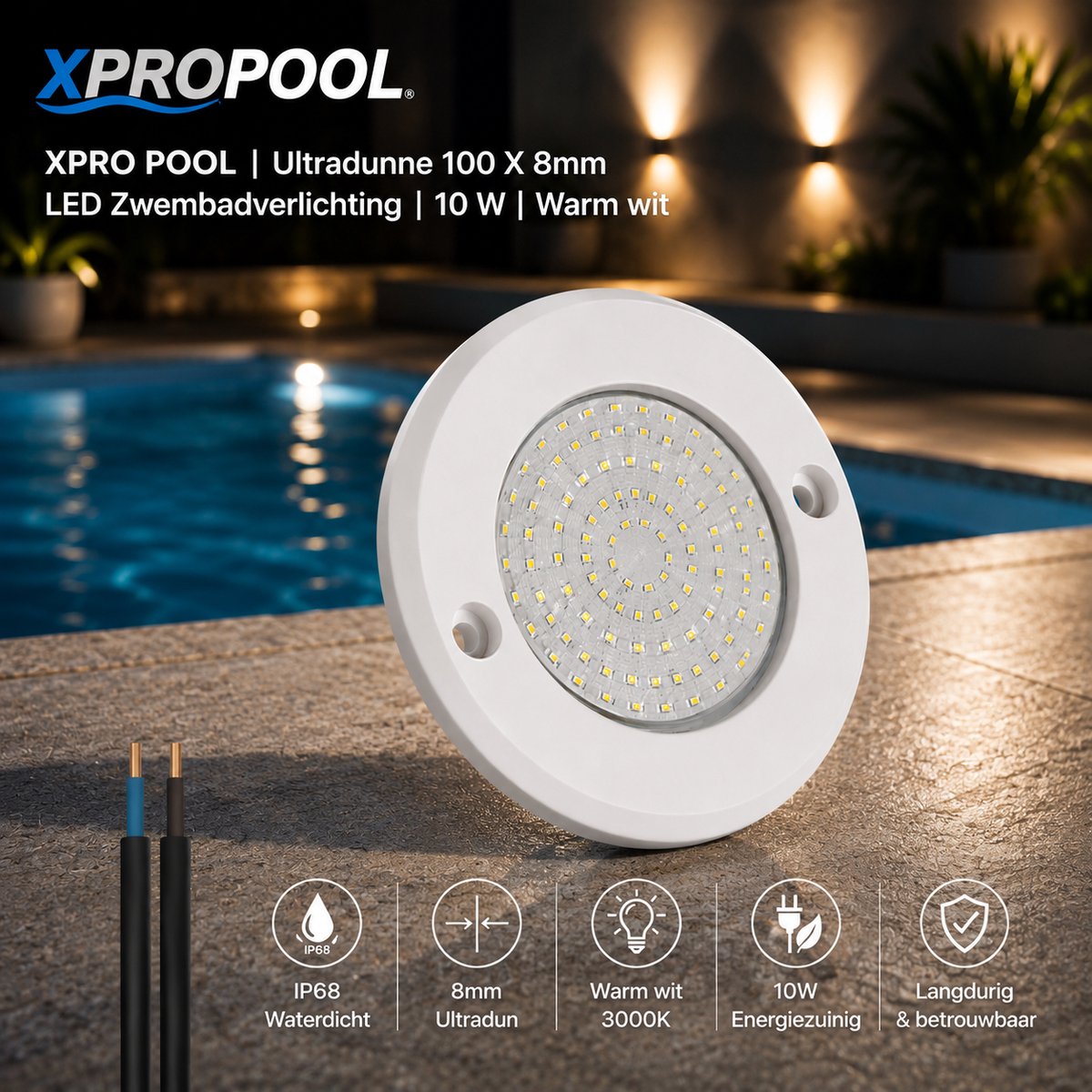 XPRO POOL | Ultradunne 100 X 8mm LED Zwembadverlichting | 10 W | Warm wit