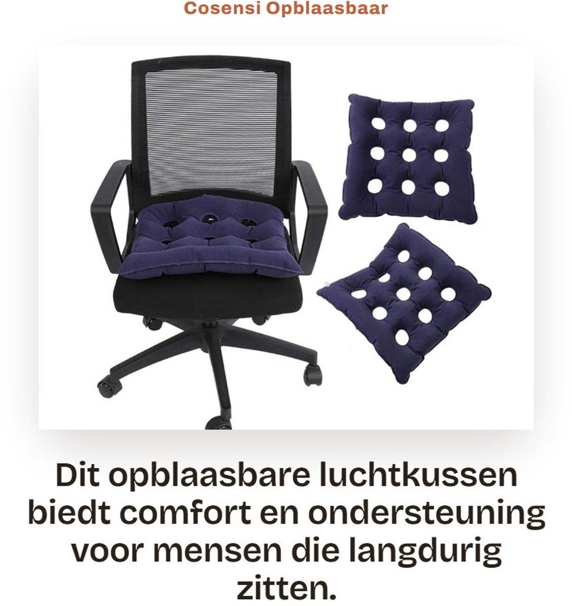 Dailygoods- Luchtkussen Ergonomisch Ontwerp - Opblaasbaar - Antidecubitus - Rolstoel - Bureaustoel - PVC Materiaal - 39x39cm - Zitkussen
