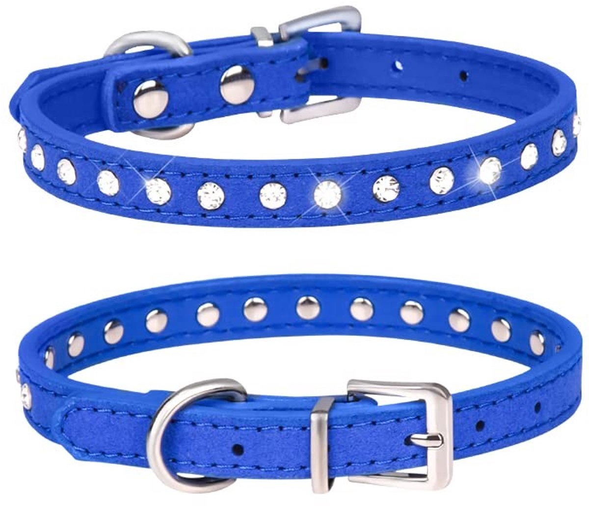 Dailygoods- Halsband Suède Leer - Strass Kristallen - Verstelbaar - Kleine/Hond/Puppy - 1,5 cm Breed - 5 Gaten Aanpassing - Hondenkraag