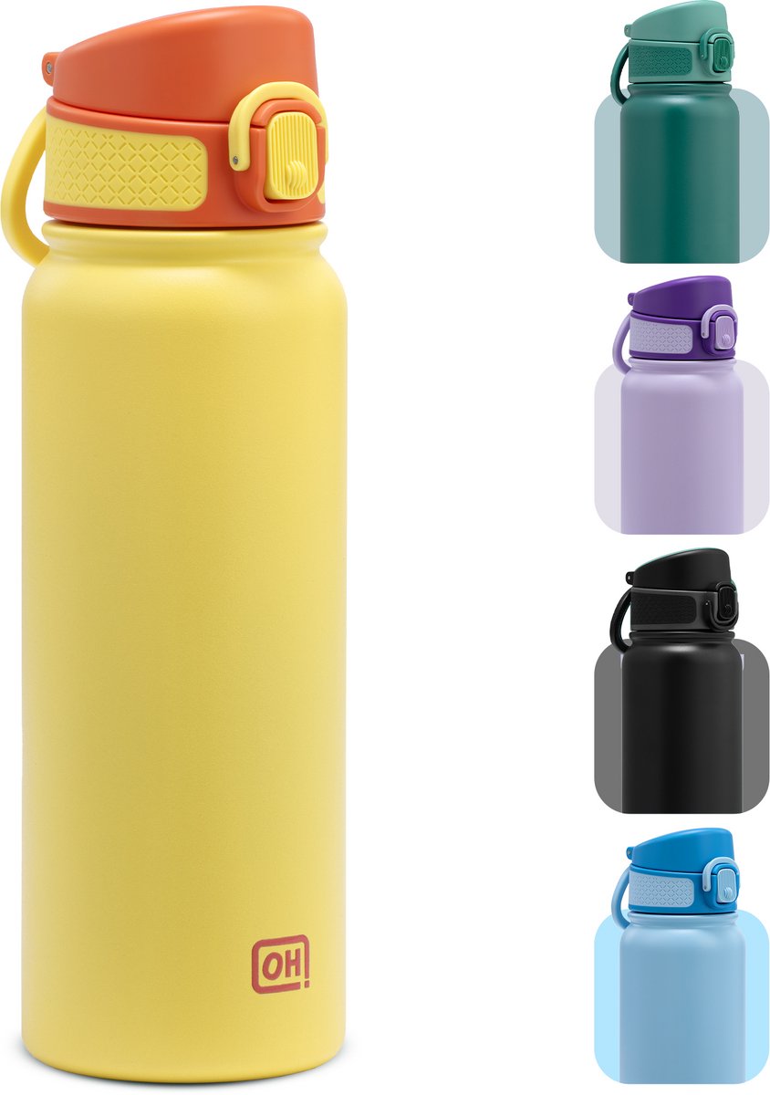 BentOH! RVS Waterfles 600ml Kinderen & Volwassenen - Geel - Anti-overloop & Lekvrij – Met Eén Hand te Openen – BPA-vrij & Vaatwasserbestendig