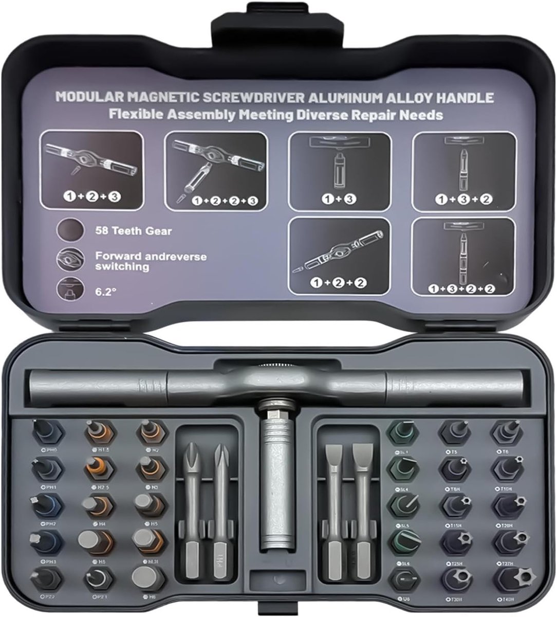 Ratelschroevendraaier Set - Multi Bit Tool - Thuis Reparatie - Snel Wissel Mechanisme - 34-delig - Grijs